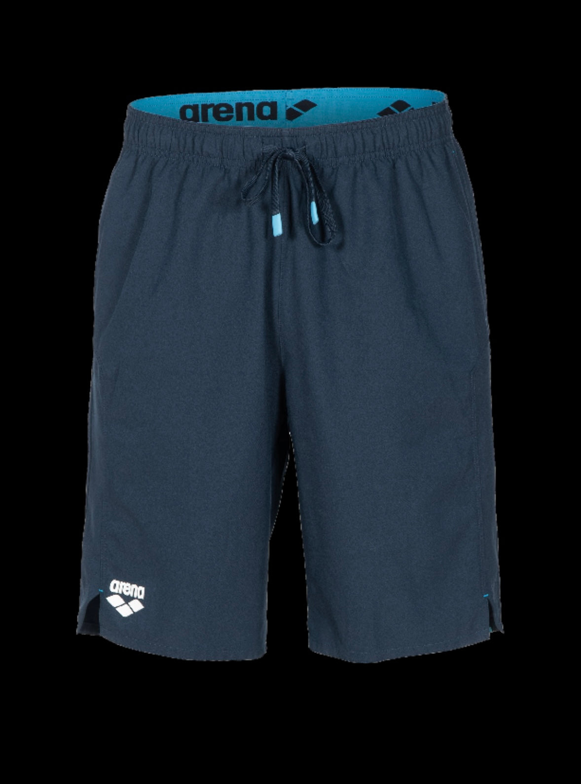A pair of Arena athletic shorts in dark slate blue with a bright blue inner waistband and white logo details, shown against a solid black background.